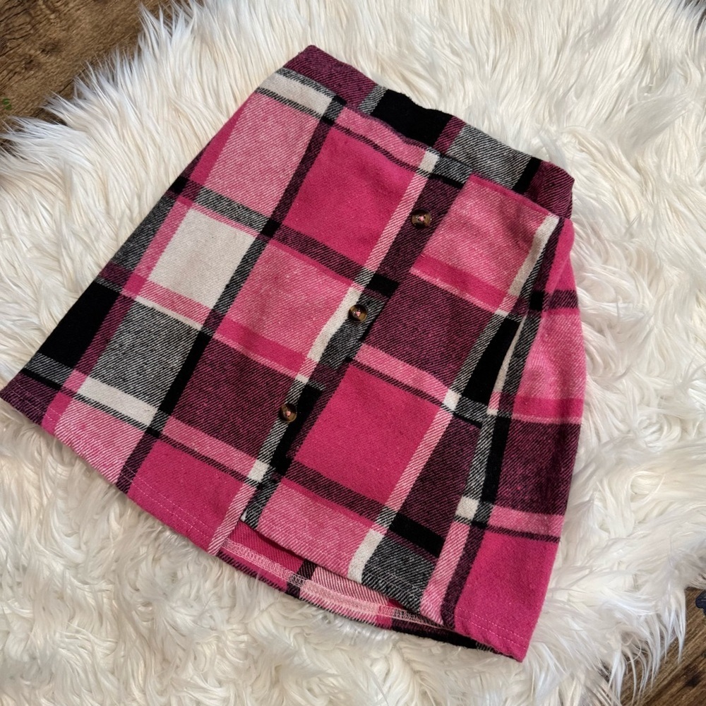 SHEIN Girls Pink Plaid A-Line Skirt Size 9Y Button‎ Front Elastic Waist